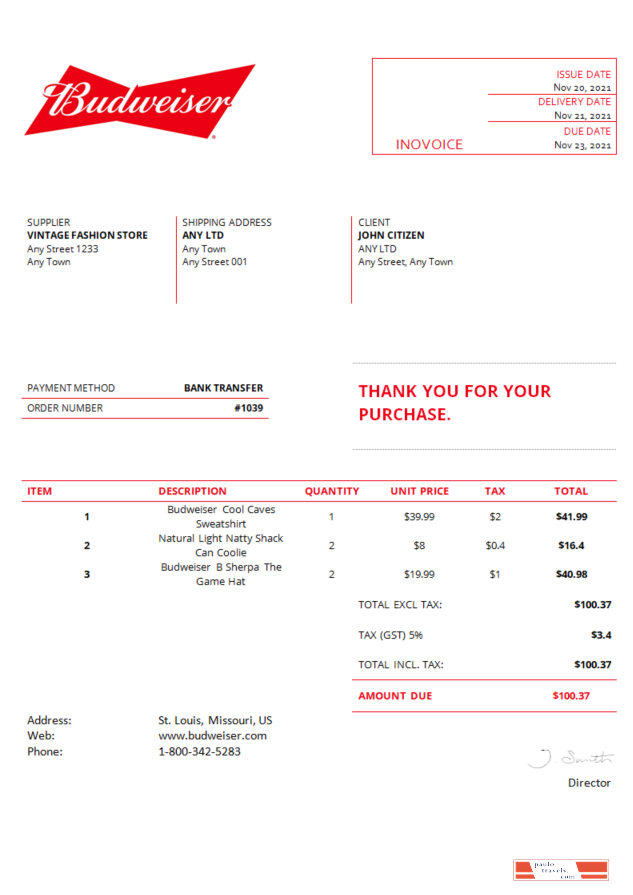 USA Budweiser invoice PSD template